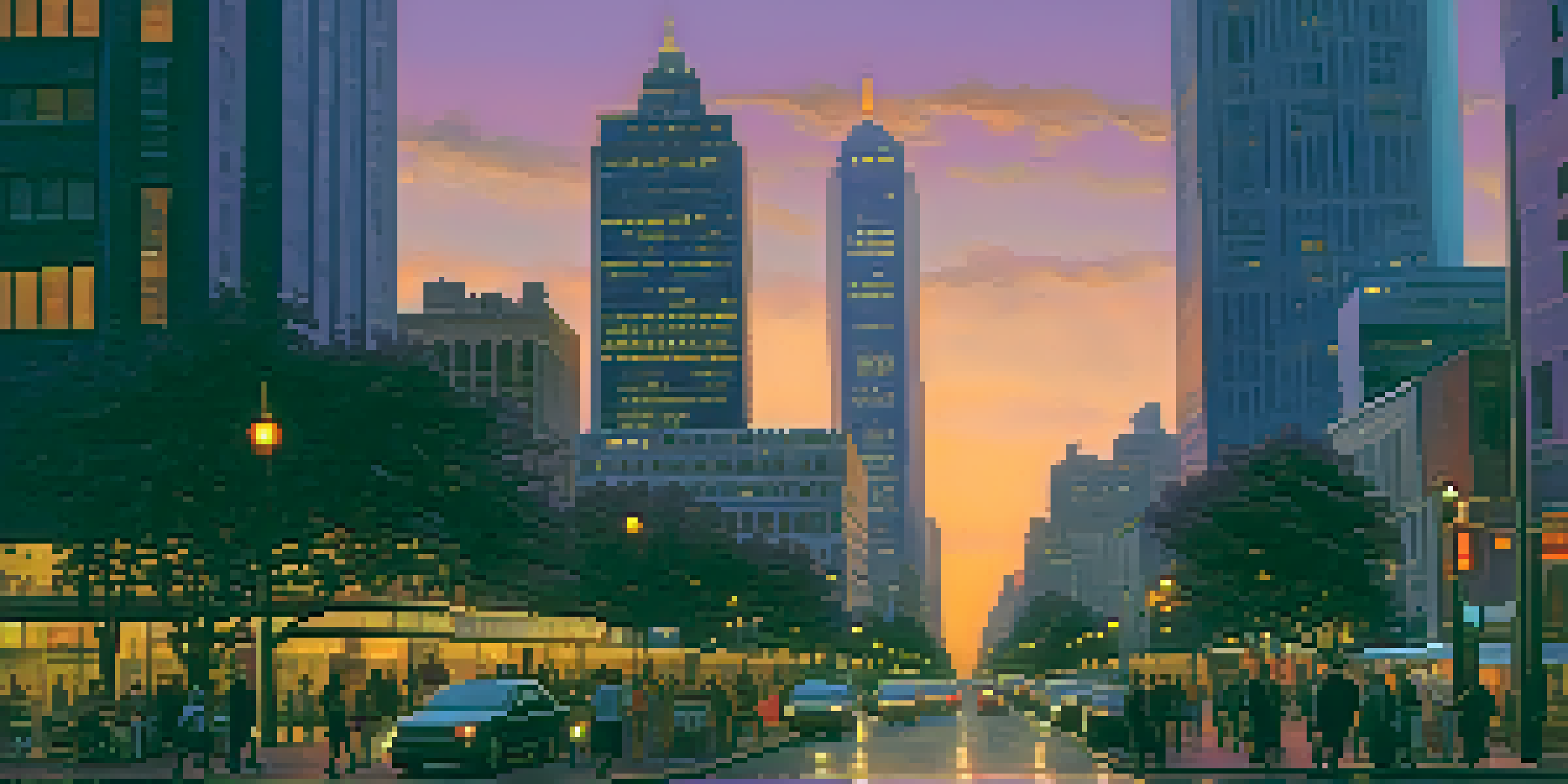 A city skyline during dusk with modern skyscrapers and traditional buildings, illuminated by streetlights.