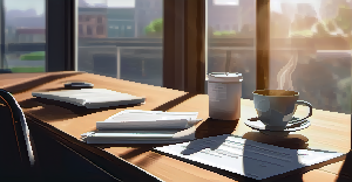 A peaceful office scene featuring a wooden desk with a laptop and a cup of coffee, illuminated by sunlight.