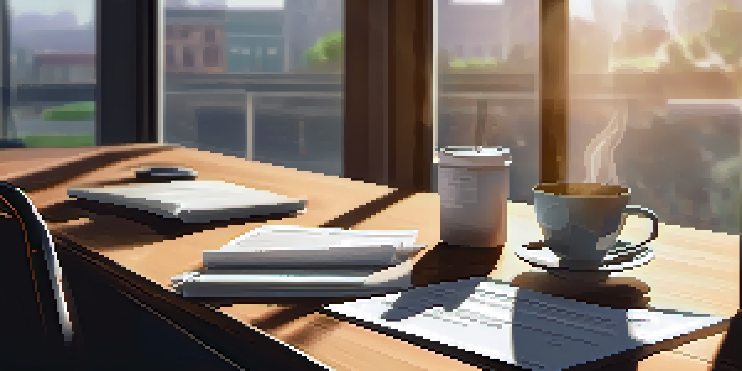 A peaceful office scene featuring a wooden desk with a laptop and a cup of coffee, illuminated by sunlight.