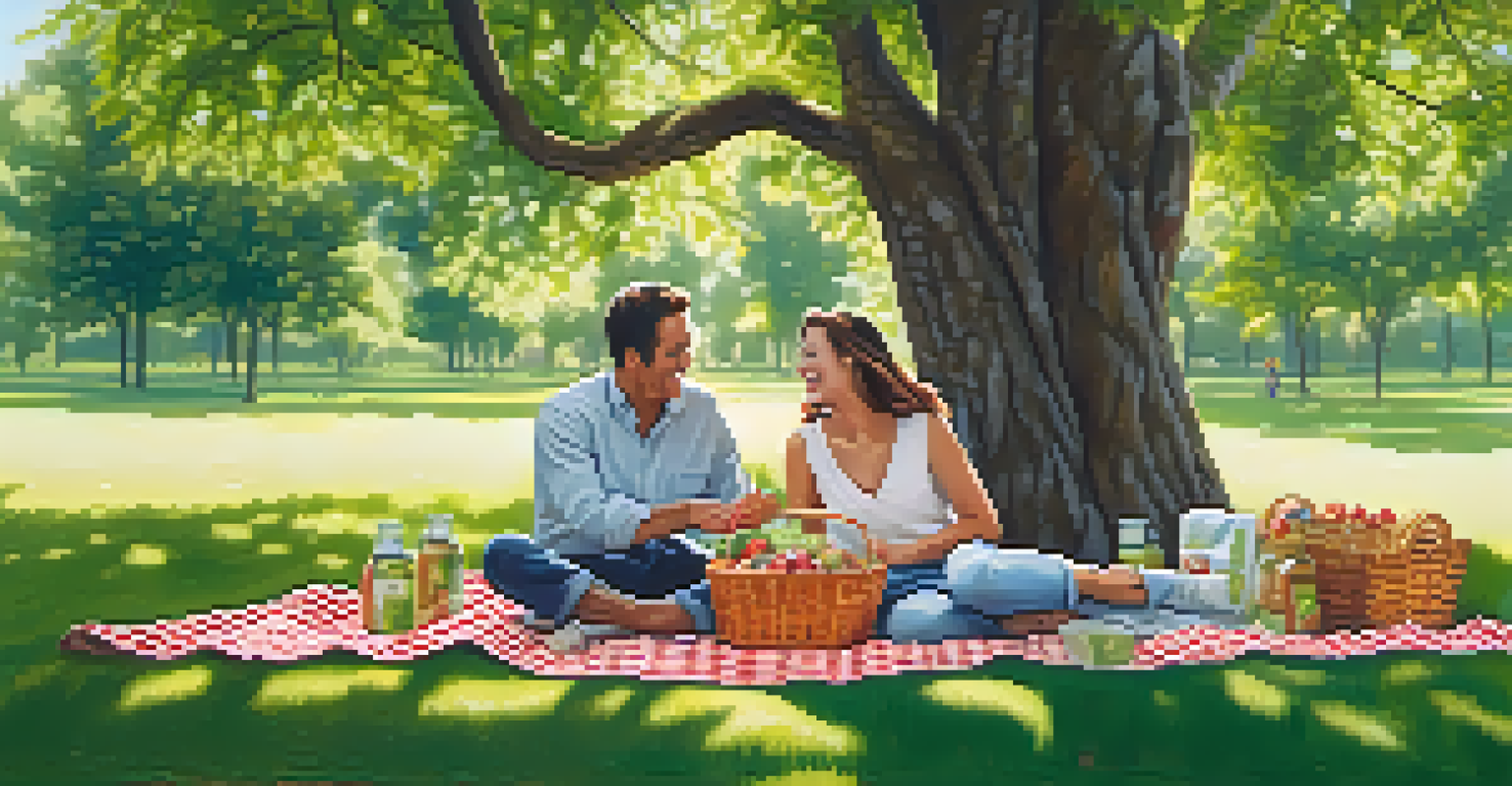 A couple having a picnic in a green park, sitting on a checkered blanket with a basket of food.