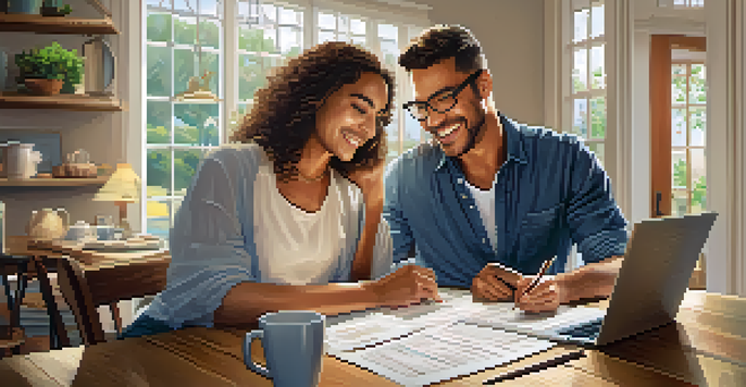 A couple working together at a dining table, reviewing tax documents with a laptop, in a cozy home environment.