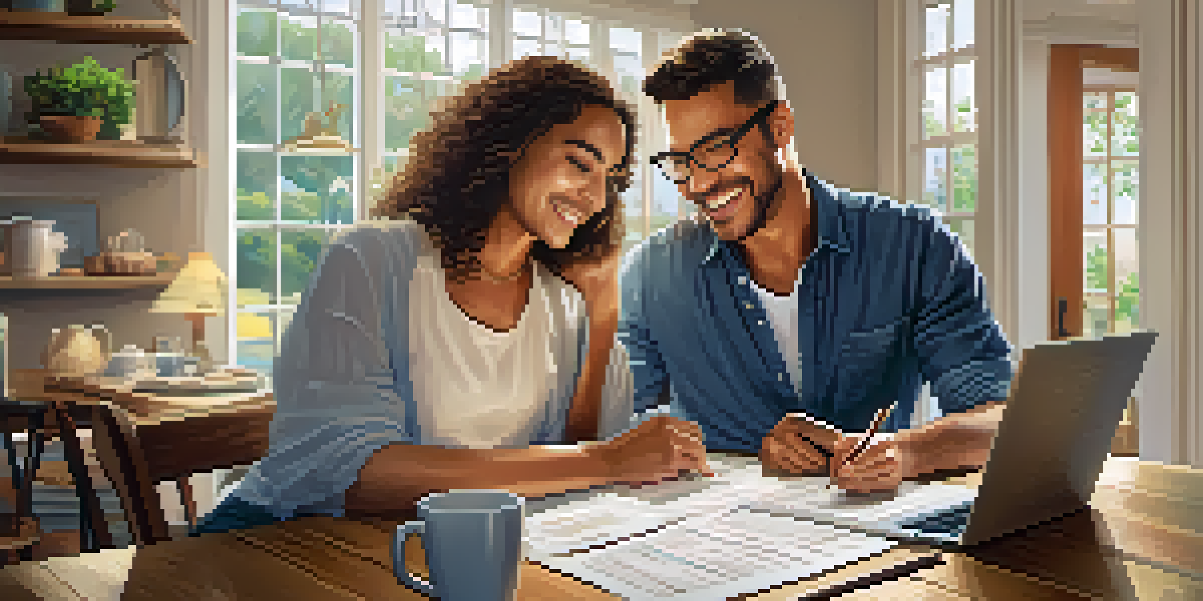 A couple working together at a dining table, reviewing tax documents with a laptop, in a cozy home environment.