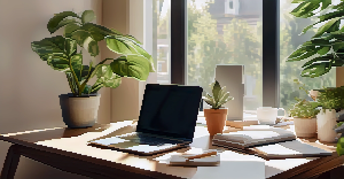 A modern office workspace with a laptop, financial documents, and a cup of coffee under natural light from a window.