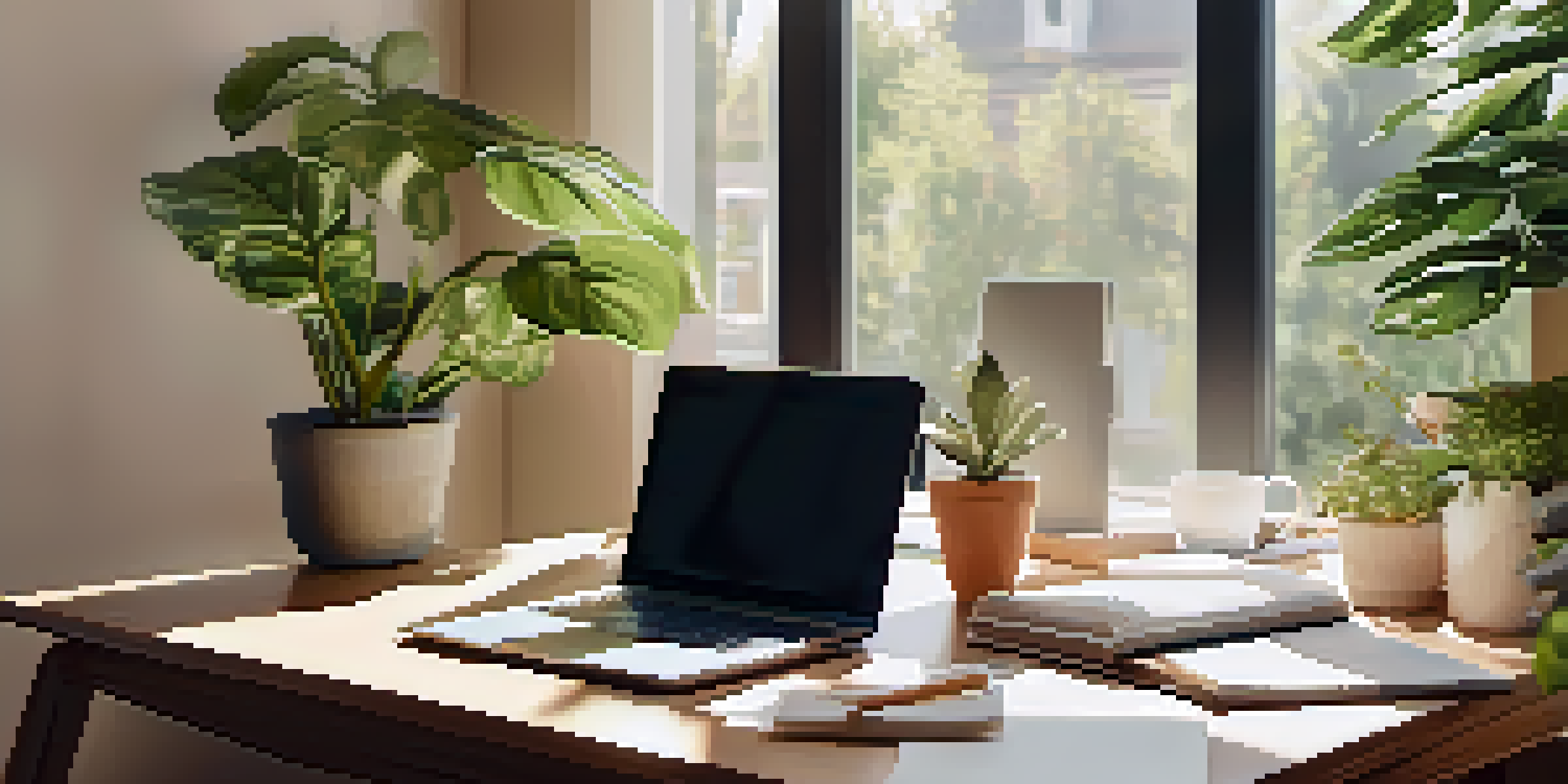 A modern office workspace with a laptop, financial documents, and a cup of coffee under natural light from a window.