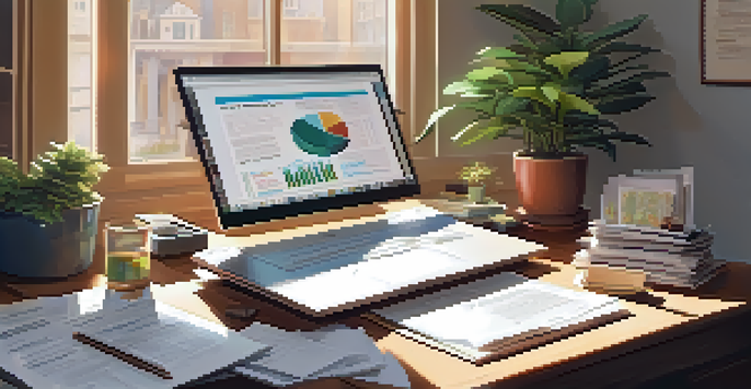 A warm and inviting home office with a wooden desk, laptop, tax documents, and potted plant illuminated by soft natural light.