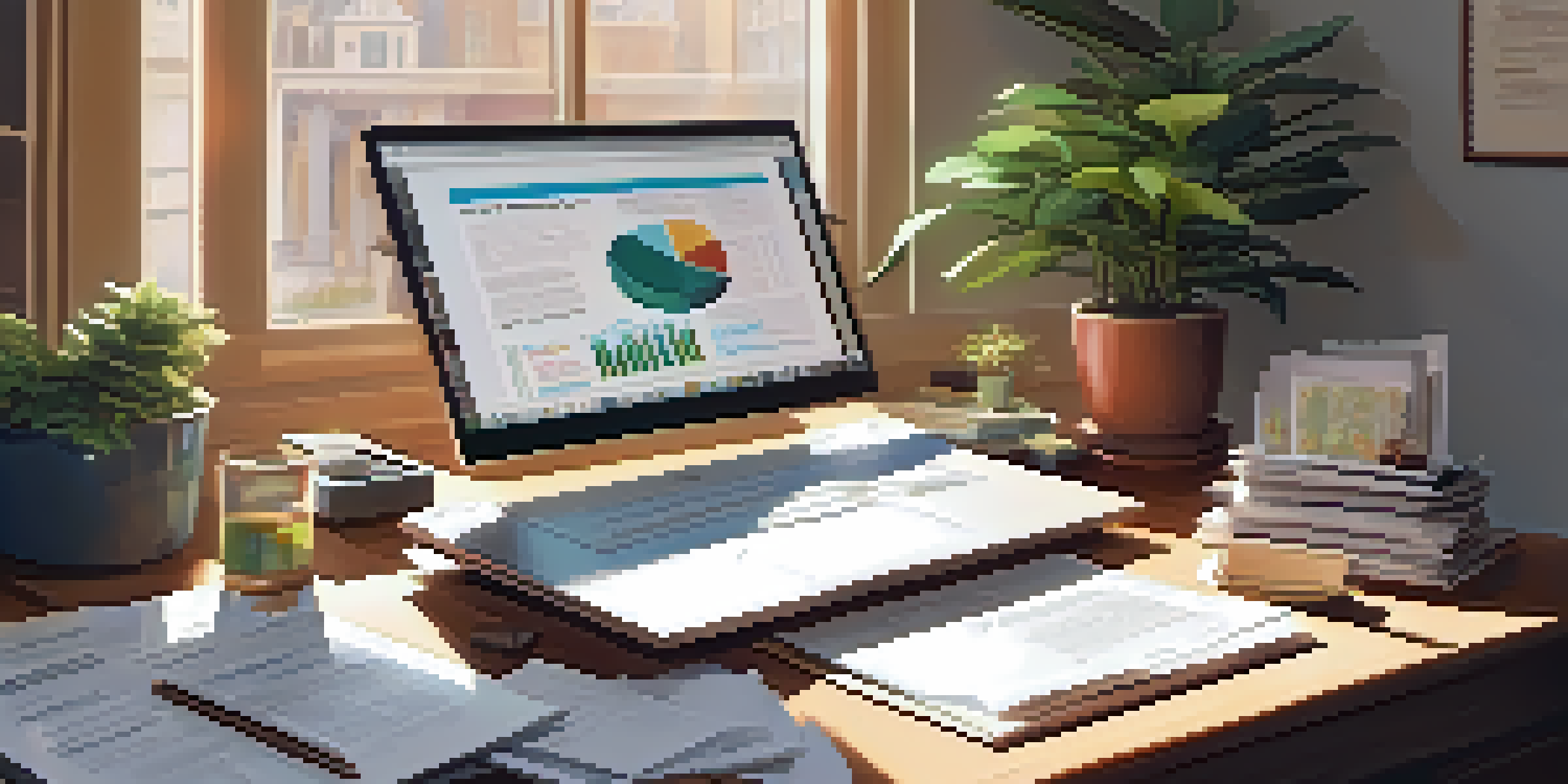 A warm and inviting home office with a wooden desk, laptop, tax documents, and potted plant illuminated by soft natural light.