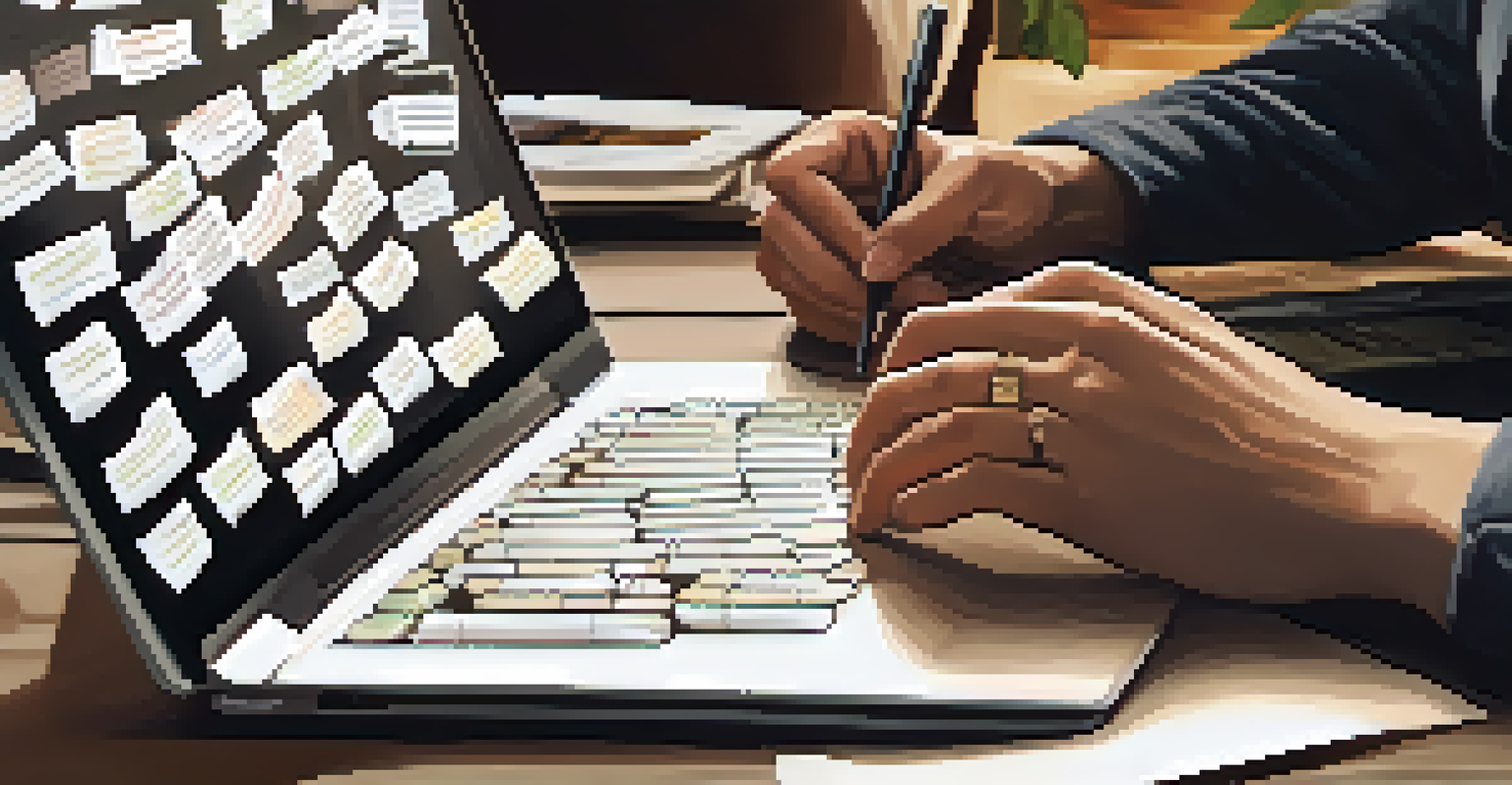A close-up of hands typing on a laptop next to a notebook with notes, and a cup of tea, in a softly lit environment.