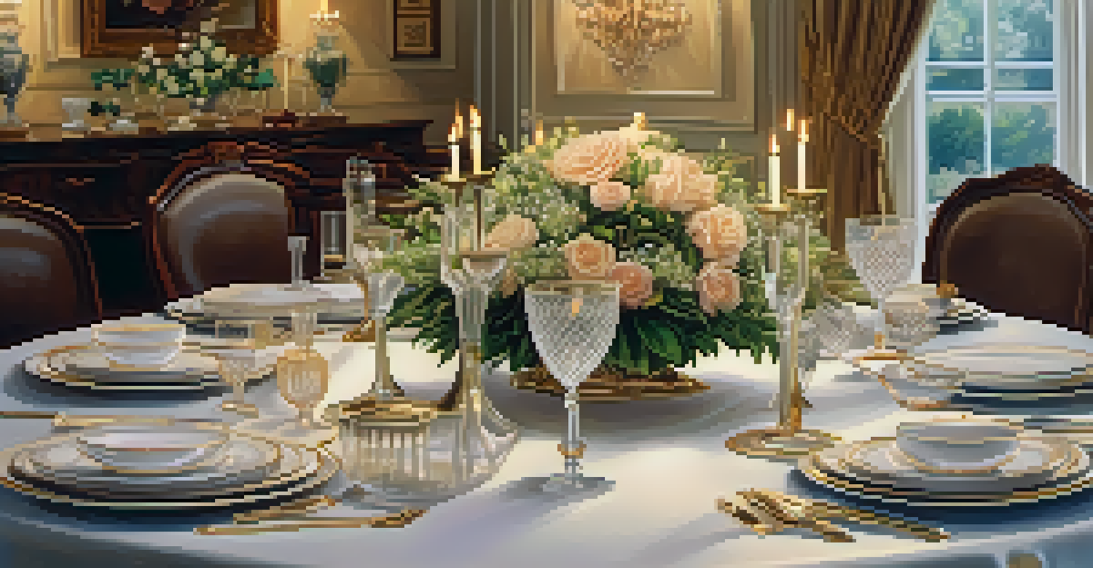 A beautifully arranged dining table with fine china and candles, creating a warm and intimate setting.
