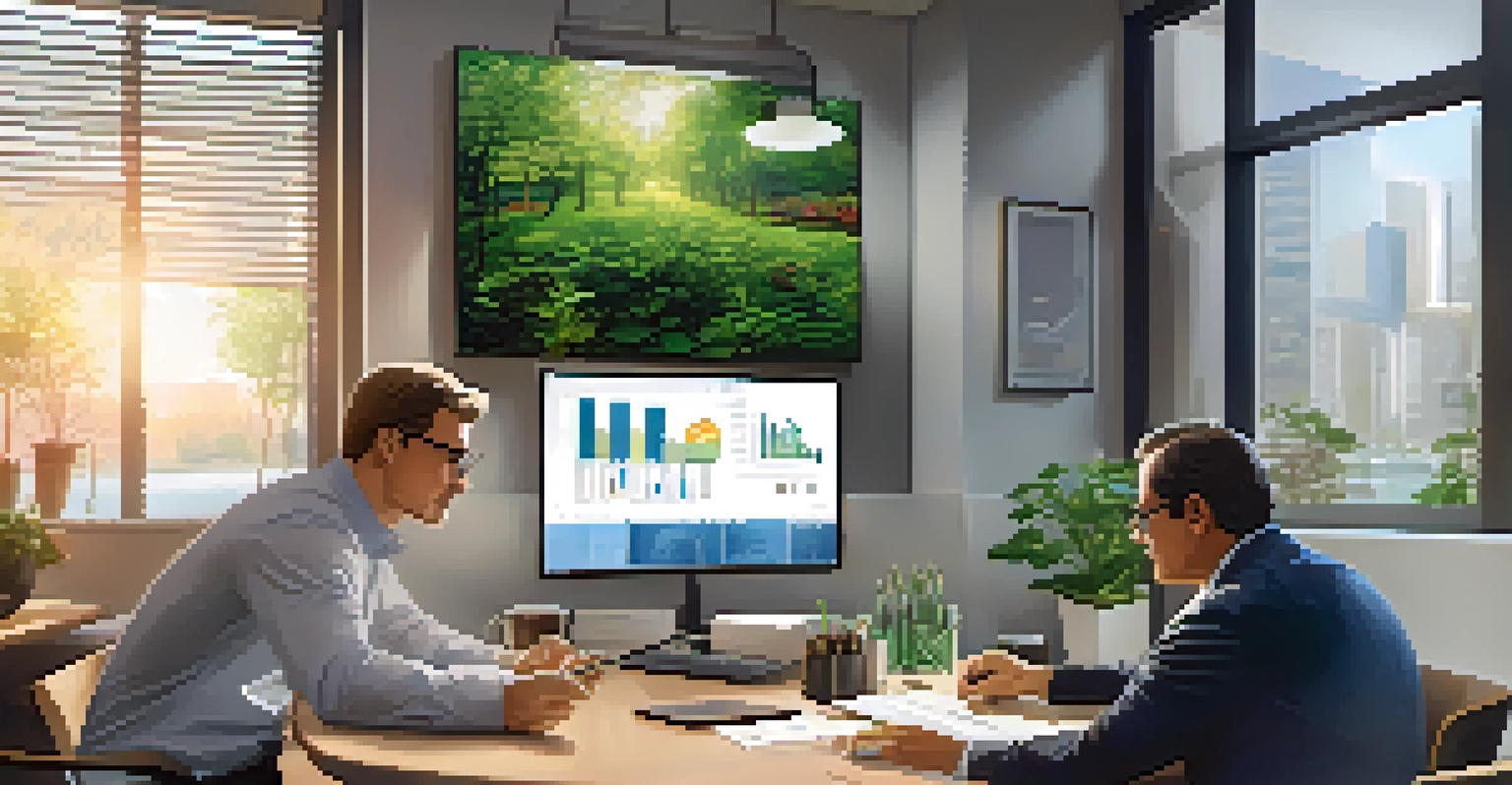 A financial advisor discussing investment strategies with a client in a serene office, with graphs on a screen and a notepad on the table, surrounded by plants.