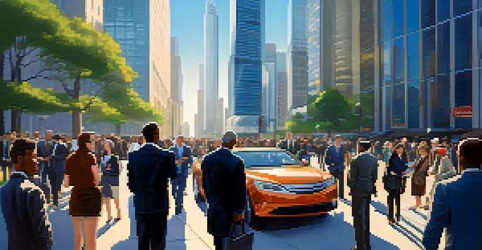 A busy international business district with modern skyscrapers, diverse professionals discussing over a tablet, and a clear blue sky.