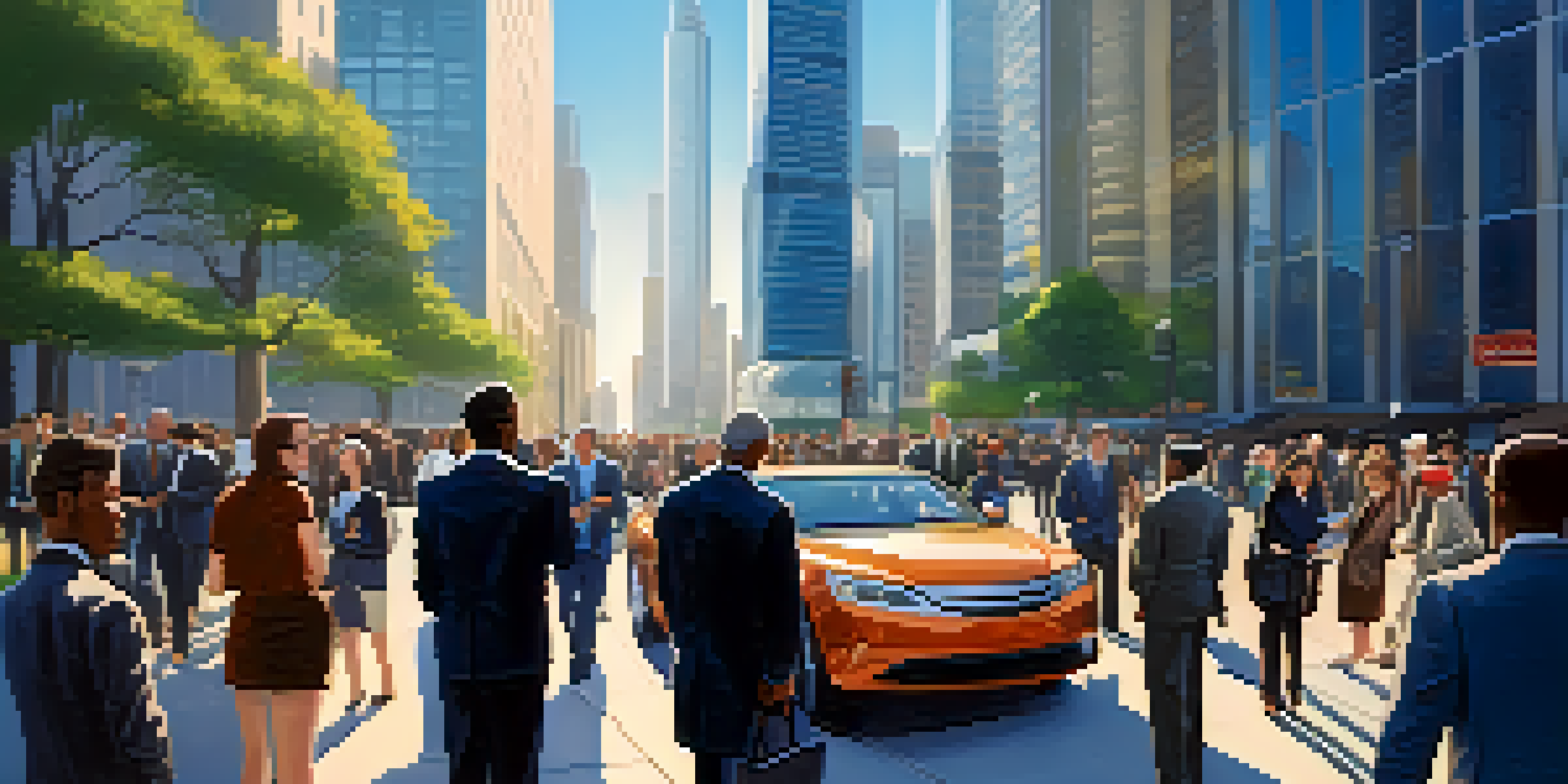 A busy international business district with modern skyscrapers, diverse professionals discussing over a tablet, and a clear blue sky.