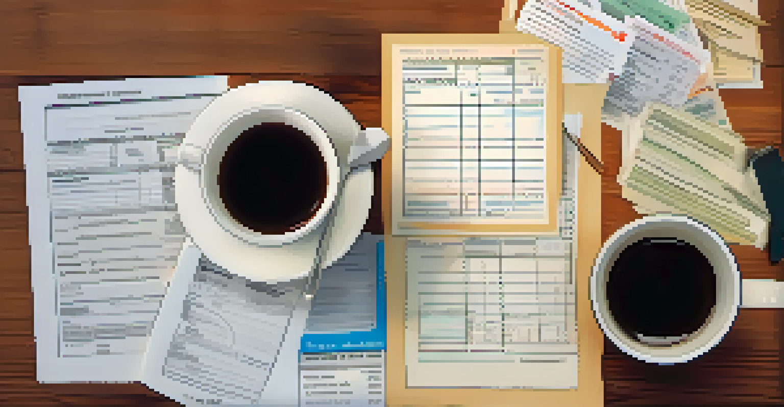 An overhead view of a dining table with financial documents, a calculator, and a cup of tea, in a warm atmosphere.