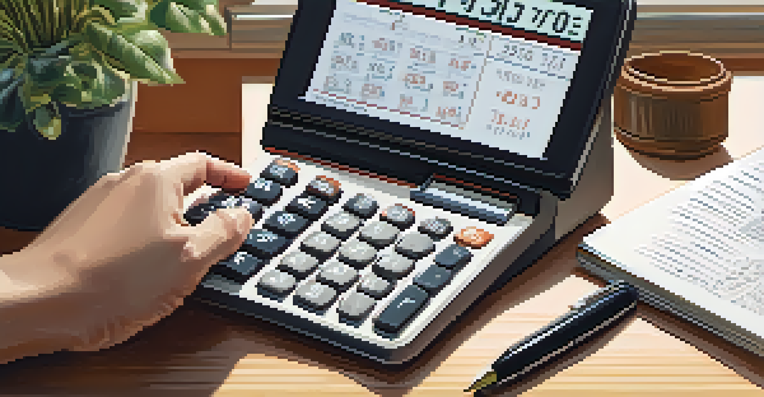 A close-up of a hand with a pen over a calculator and a notepad filled with real estate investment calculations in a cozy home office.