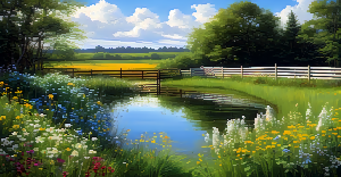 A tranquil landscape with a green field, blue sky, white clouds, wooden fence, and a pond surrounded by wildflowers.