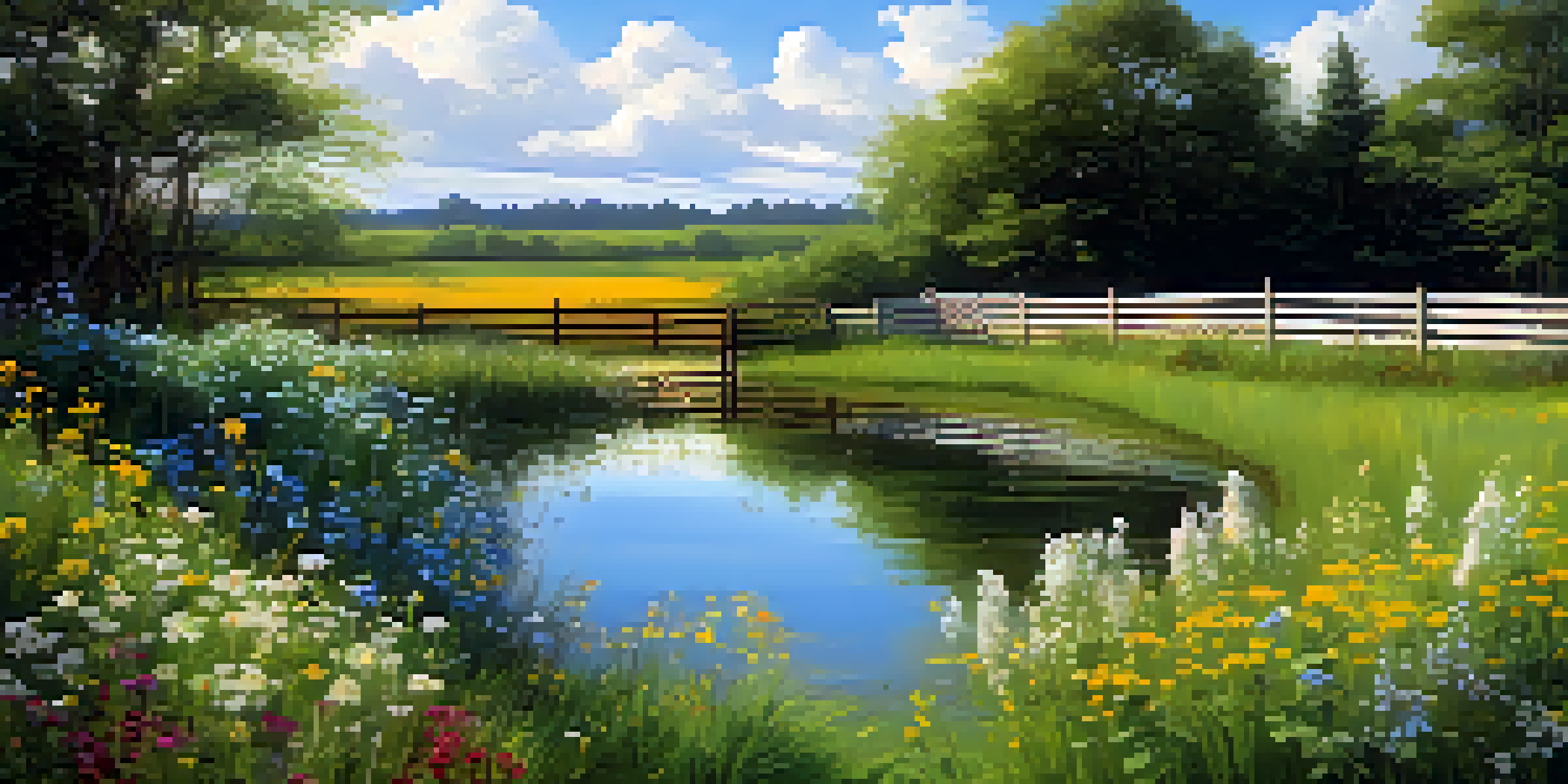 A tranquil landscape with a green field, blue sky, white clouds, wooden fence, and a pond surrounded by wildflowers.