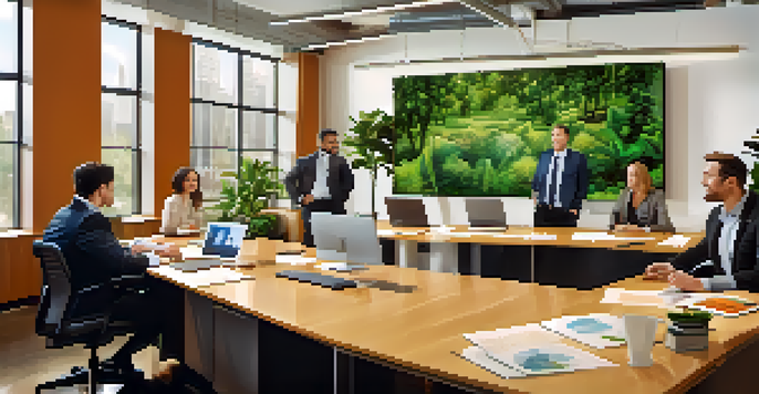 A diverse group of professionals in a modern office discussing mergers and acquisitions around a conference table with laptops and charts.
