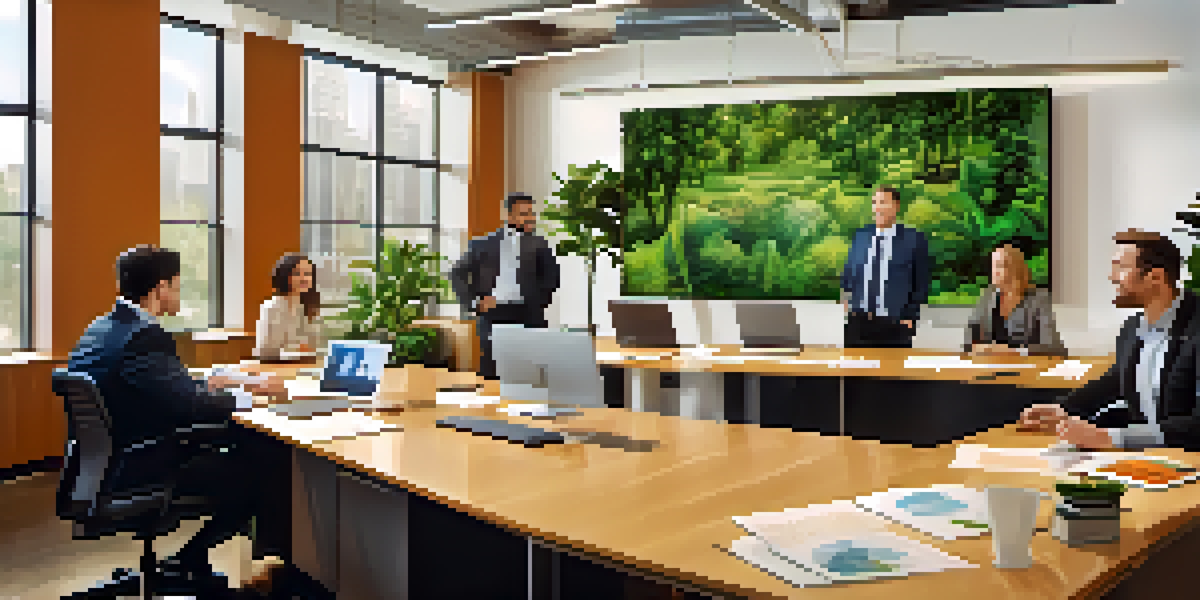 A diverse group of professionals in a modern office discussing mergers and acquisitions around a conference table with laptops and charts.