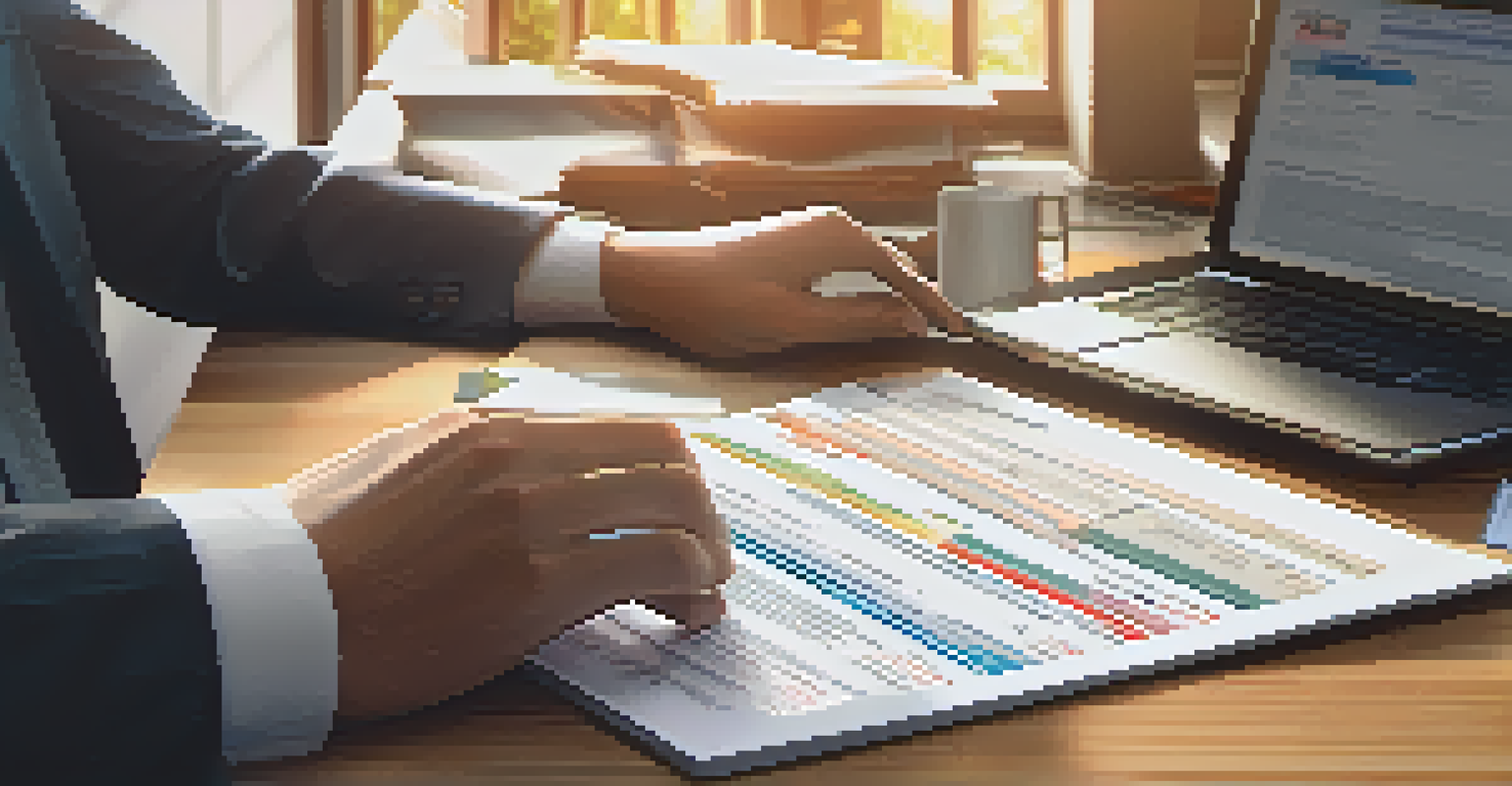 Close-up of hands working on a laptop with tax documents and a calculator on a wooden table.