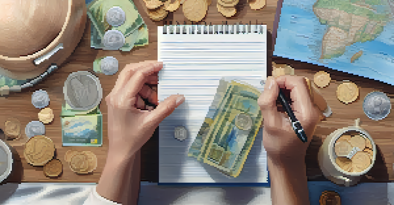 Hands holding a piggy bank with coins and a notepad for retirement planning, with travel imagery in the background.