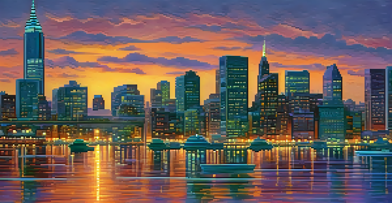 A city skyline at dusk with a sunset sky, illuminated buildings, and a reflective river.