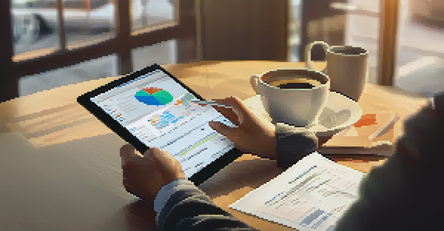 A person reviewing a digital expense tracking app on a tablet at a desk, surrounded by financial documents and coffee.