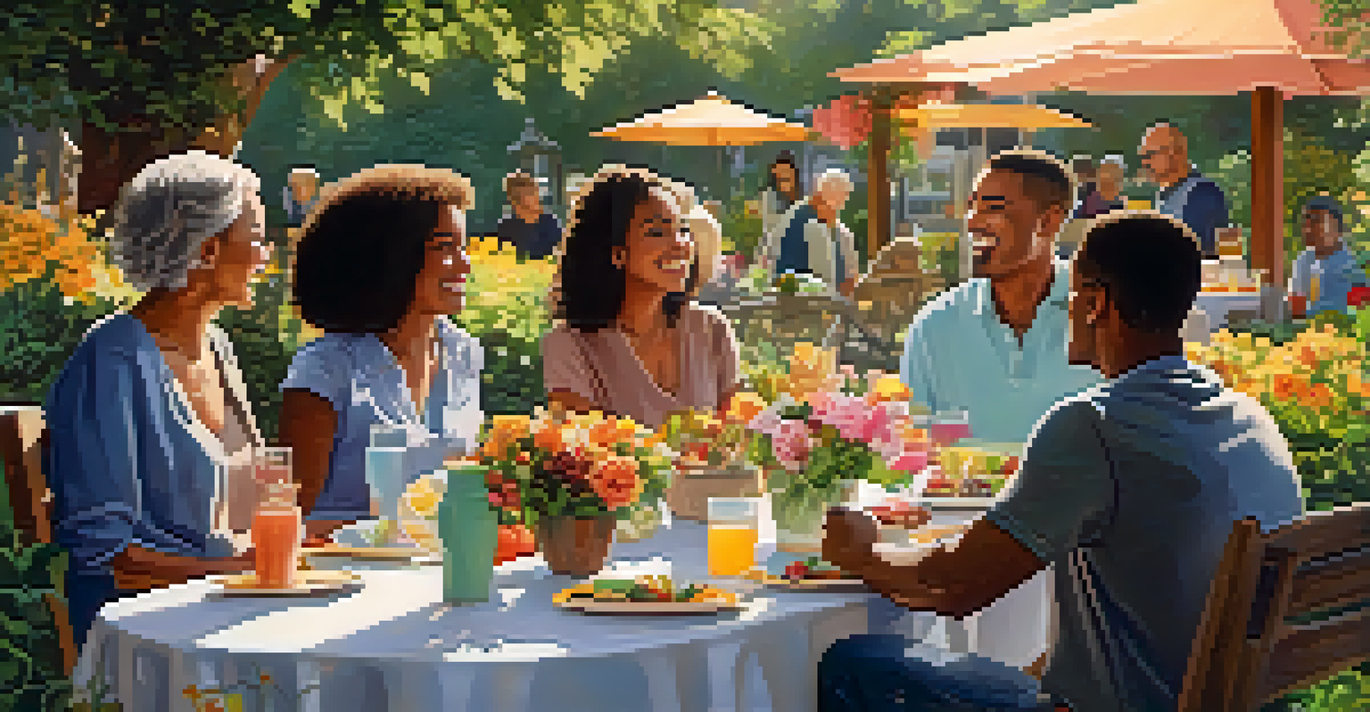 A diverse family gathering in a sunny garden discussing together with refreshments on a table.
