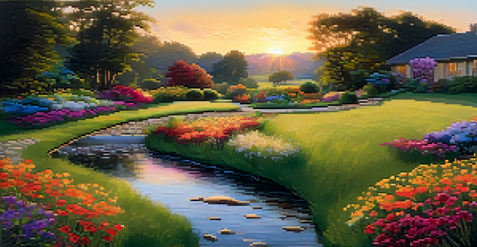 A tranquil garden scene with a stream, colorful flowers, and a sunset in the background.