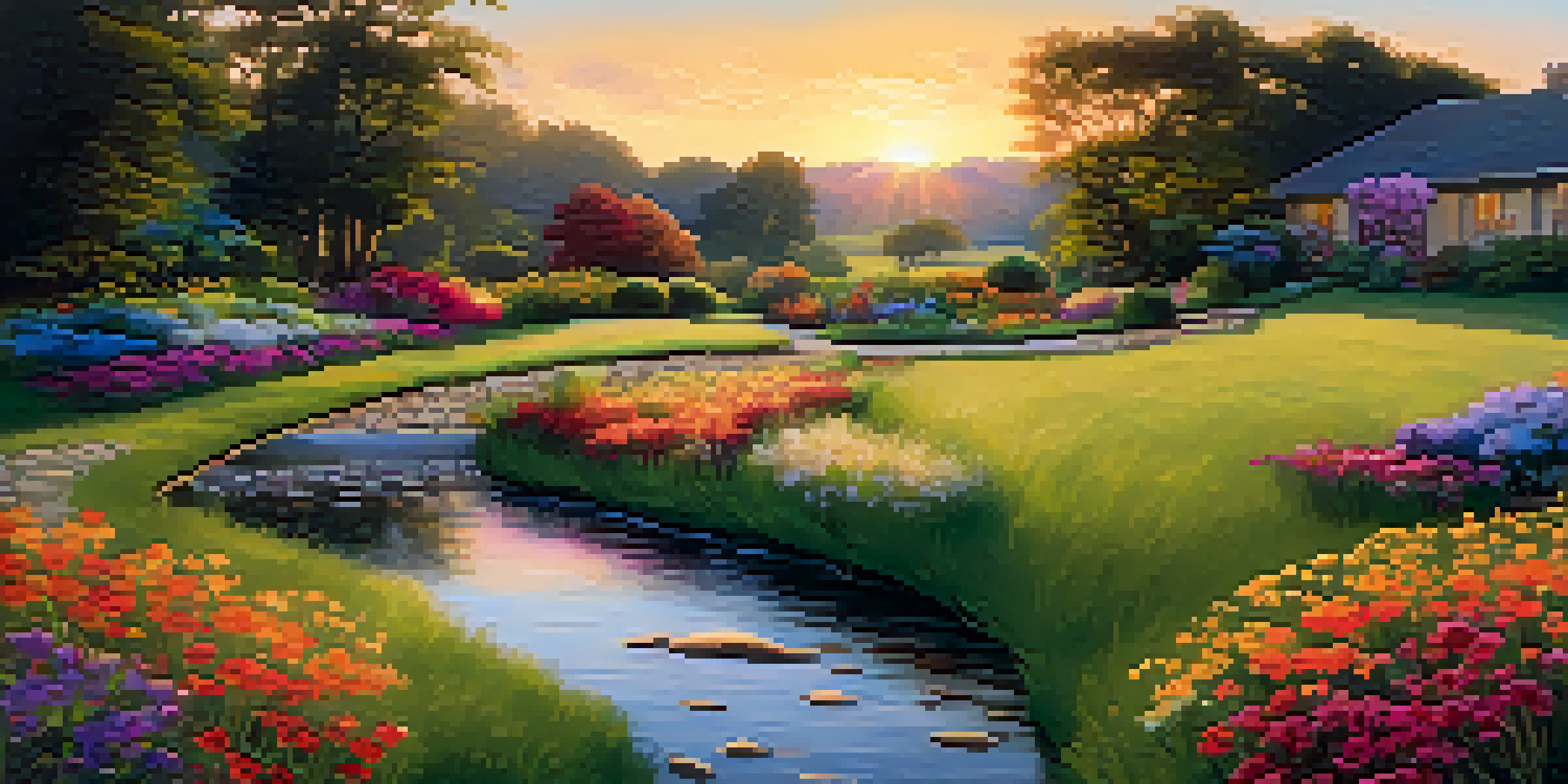A tranquil garden scene with a stream, colorful flowers, and a sunset in the background.