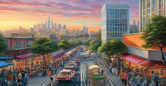 A colorful city skyline during sunset with bustling streets and people enjoying outdoor cafes.