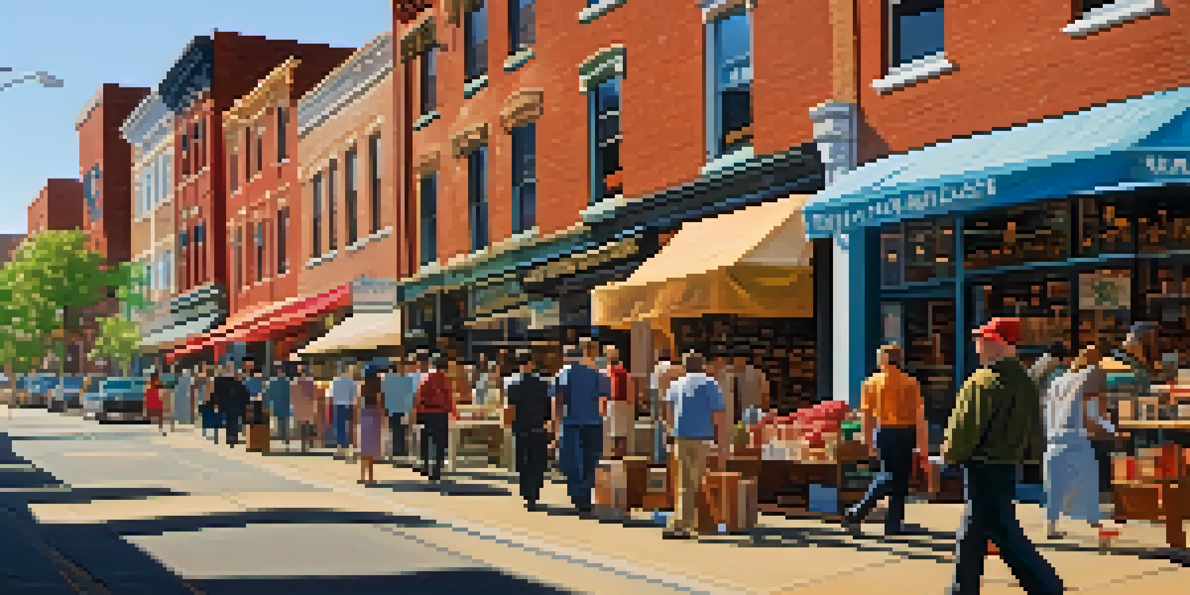 A lively small business street with colorful storefronts and people walking, illuminated by warm afternoon sunlight.