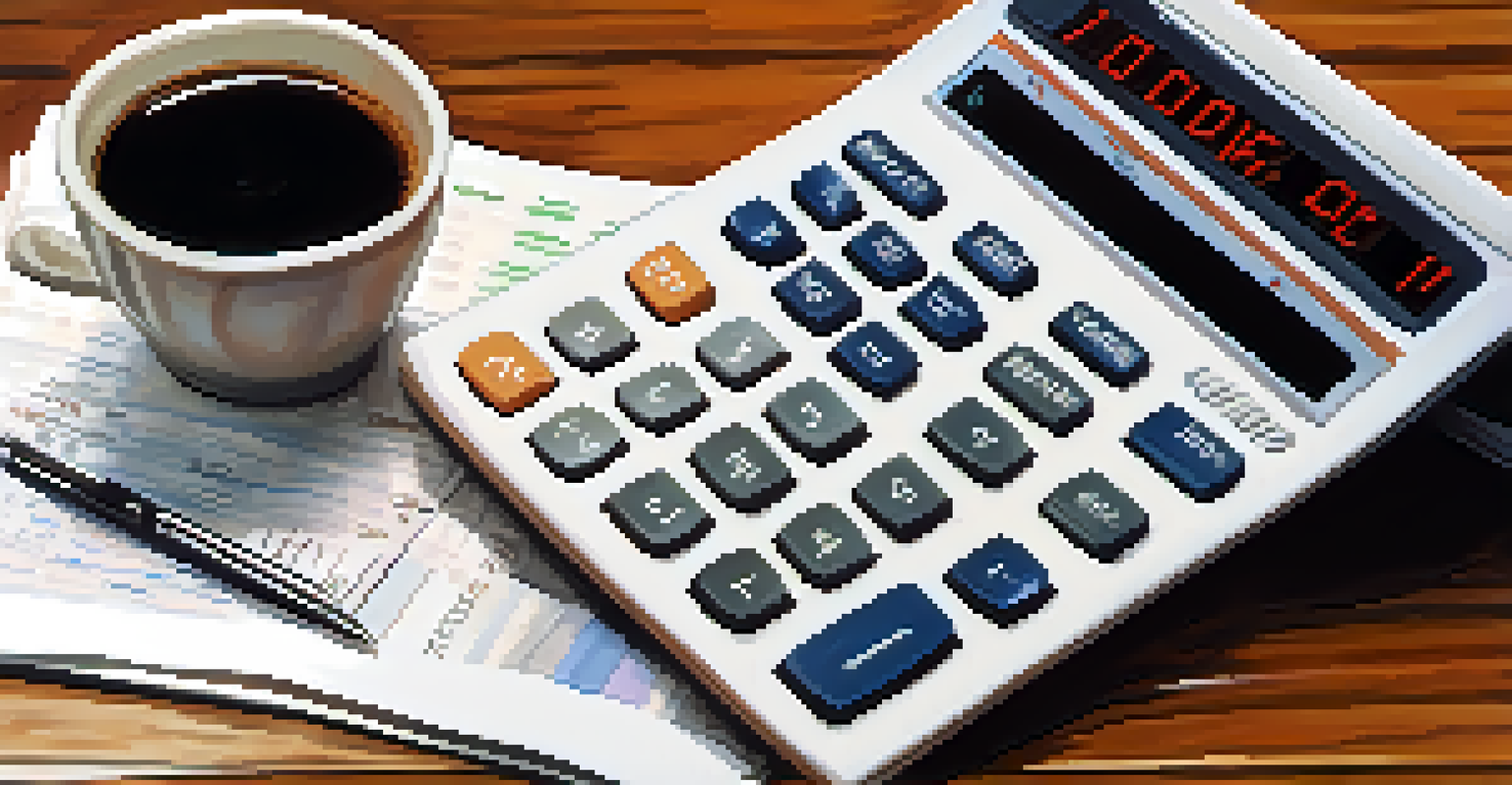 A hand using a calculator with financial documents and a coffee cup on a table.