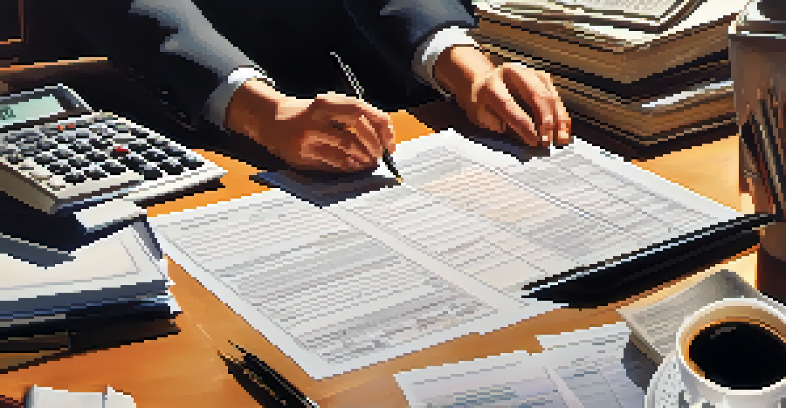 A tax professional's hands working on tax forms and calculations with various documents and a calculator on the desk.