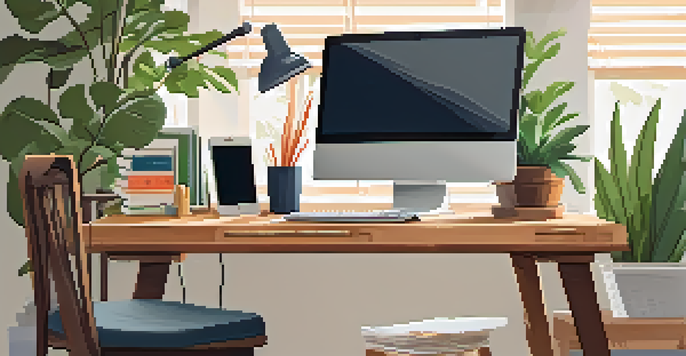 A cozy home office featuring a desk with a laptop, office supplies, and natural light coming through the window, with plants in the background.