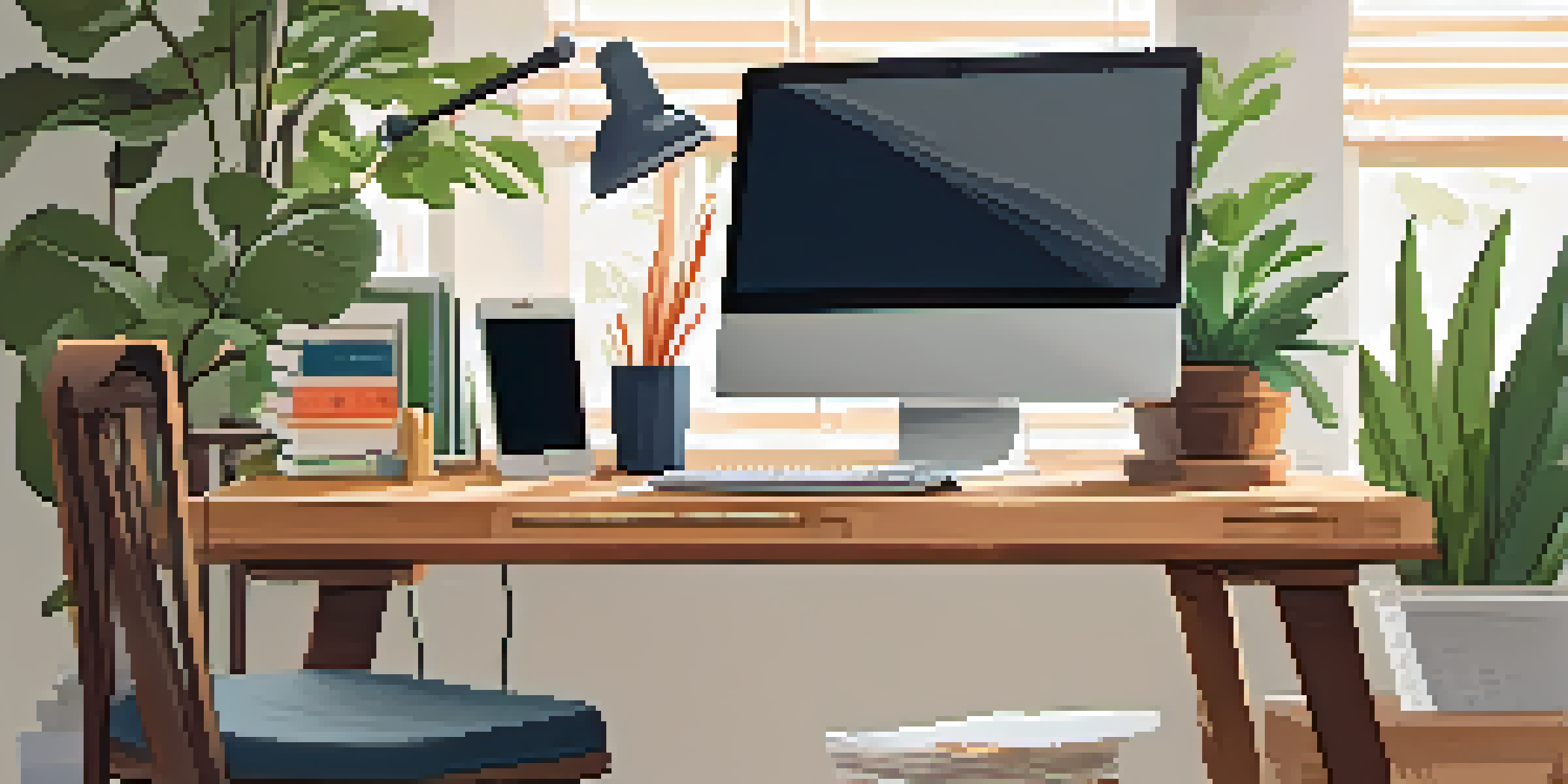 A cozy home office featuring a desk with a laptop, office supplies, and natural light coming through the window, with plants in the background.