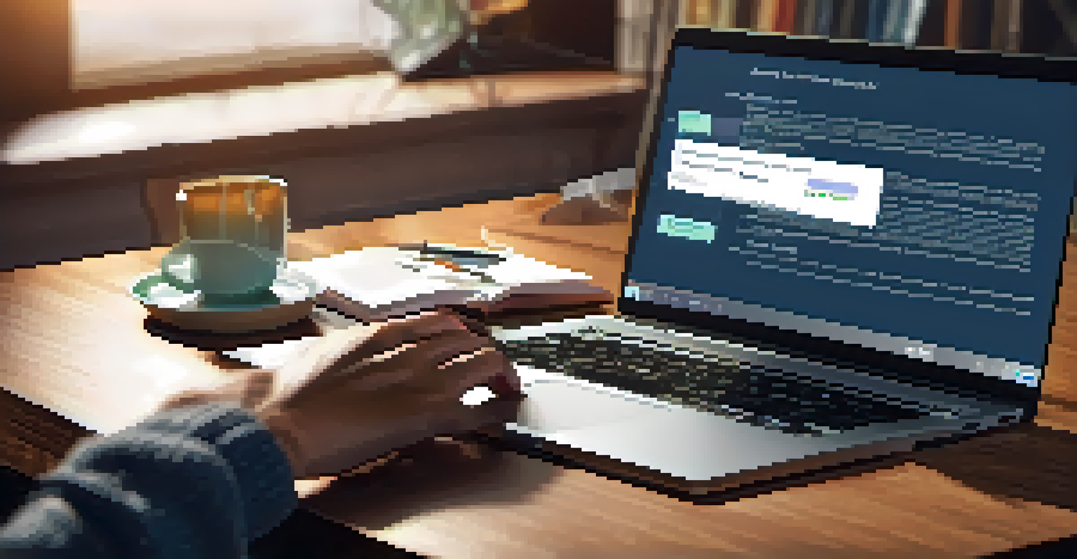 Close-up of hands typing on a laptop showing tax software, in a cozy home office.