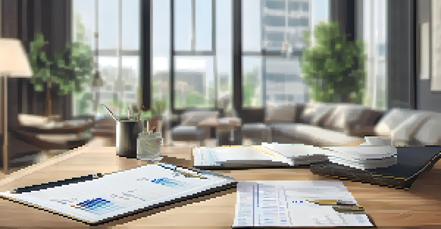 An open financial planner on a wooden table with a pen, set against a softly blurred modern living room background.
