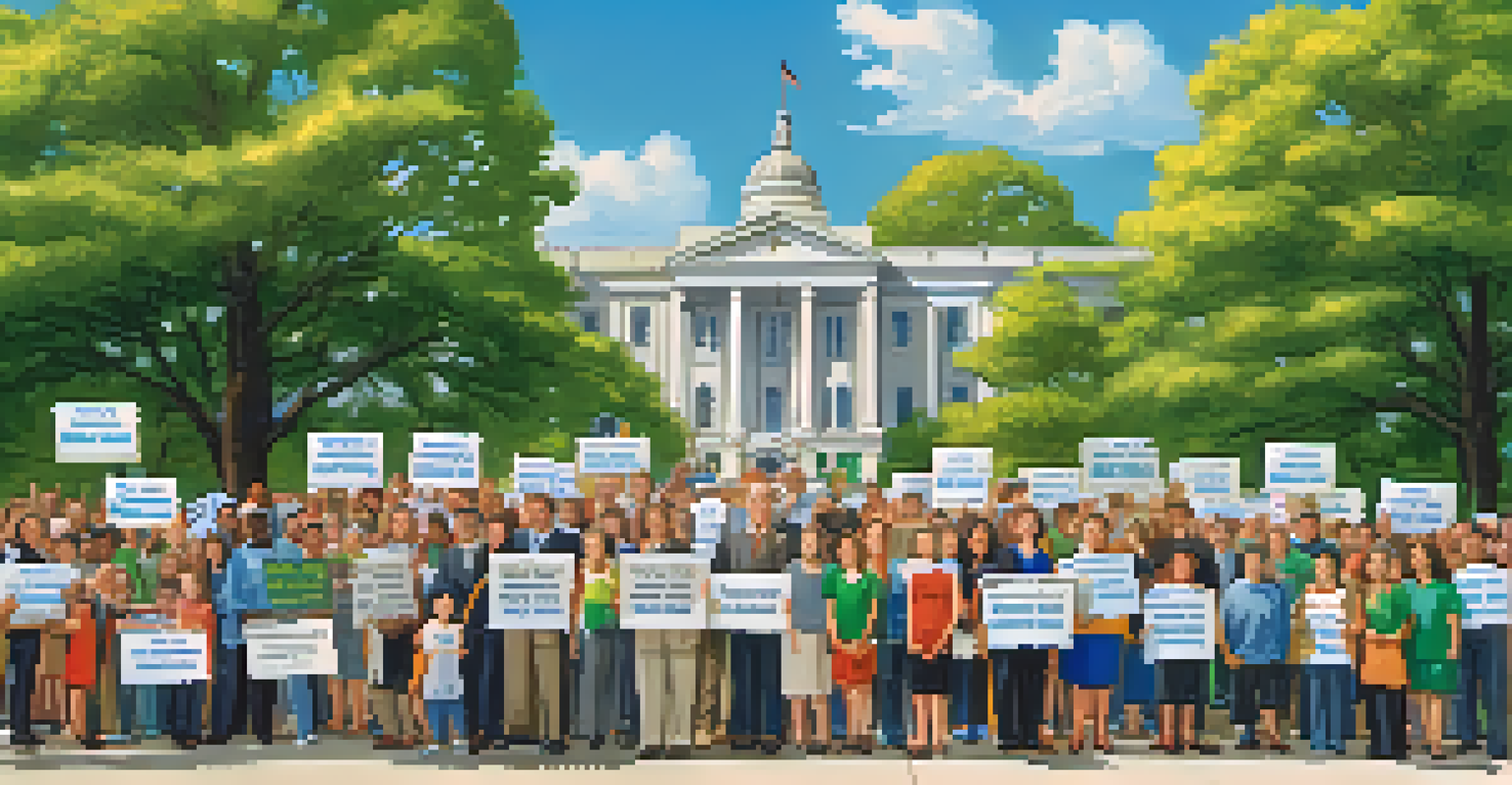 A government building with banners about tax relief, families holding gratitude signs in a bright, optimistic setting.