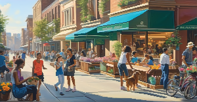 A busy city street filled with diverse people shopping, walking dogs, and enjoying outdoor cafes under warm sunlight.