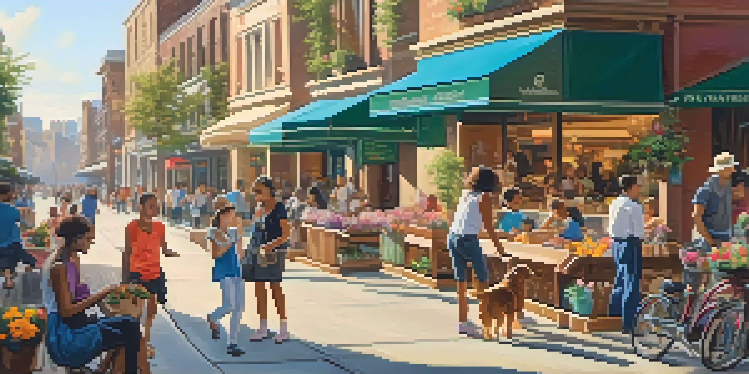 A busy city street filled with diverse people shopping, walking dogs, and enjoying outdoor cafes under warm sunlight.