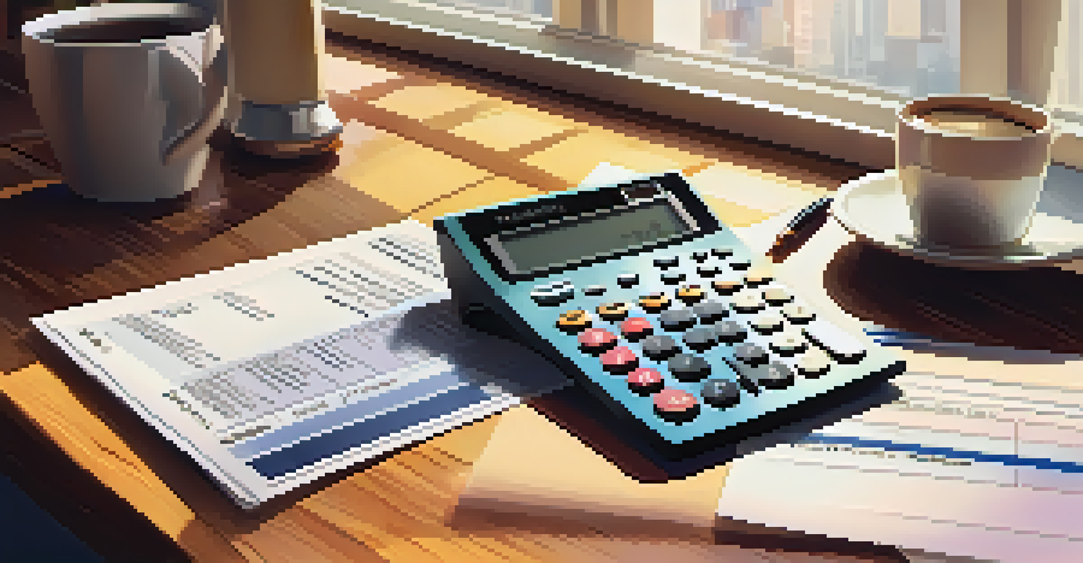 A close-up of a calculator and tax documents on a wooden table, with a cup of coffee beside them.