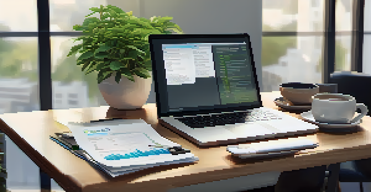 A tax professional's desk with a laptop, financial documents, and a coffee mug, showcasing an organized workspace.