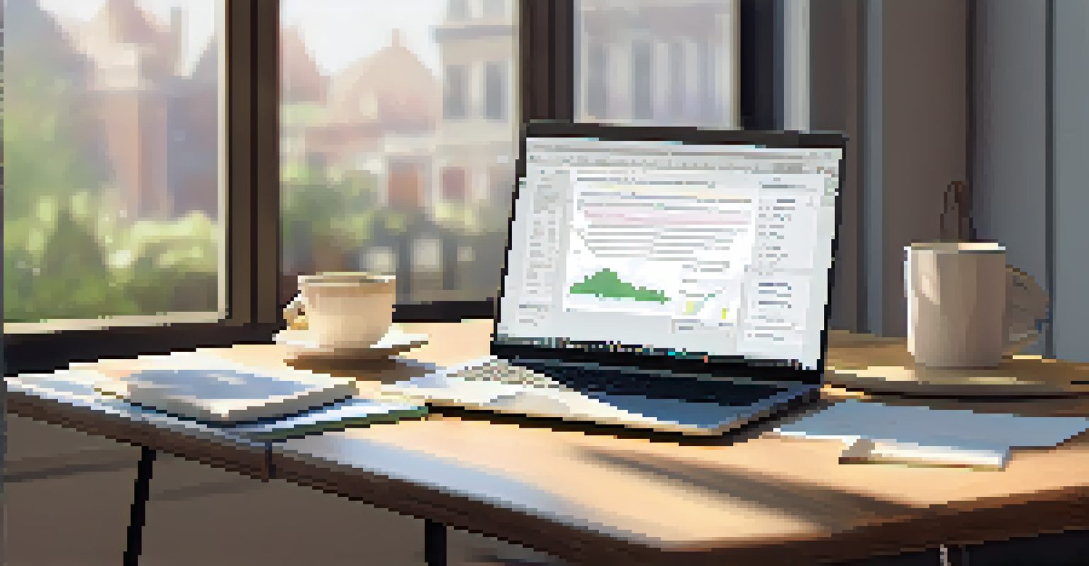 A serene workspace with a laptop showing tax software for investment losses, a cup of coffee, and a notepad with handwritten notes, all illuminated by soft natural light.