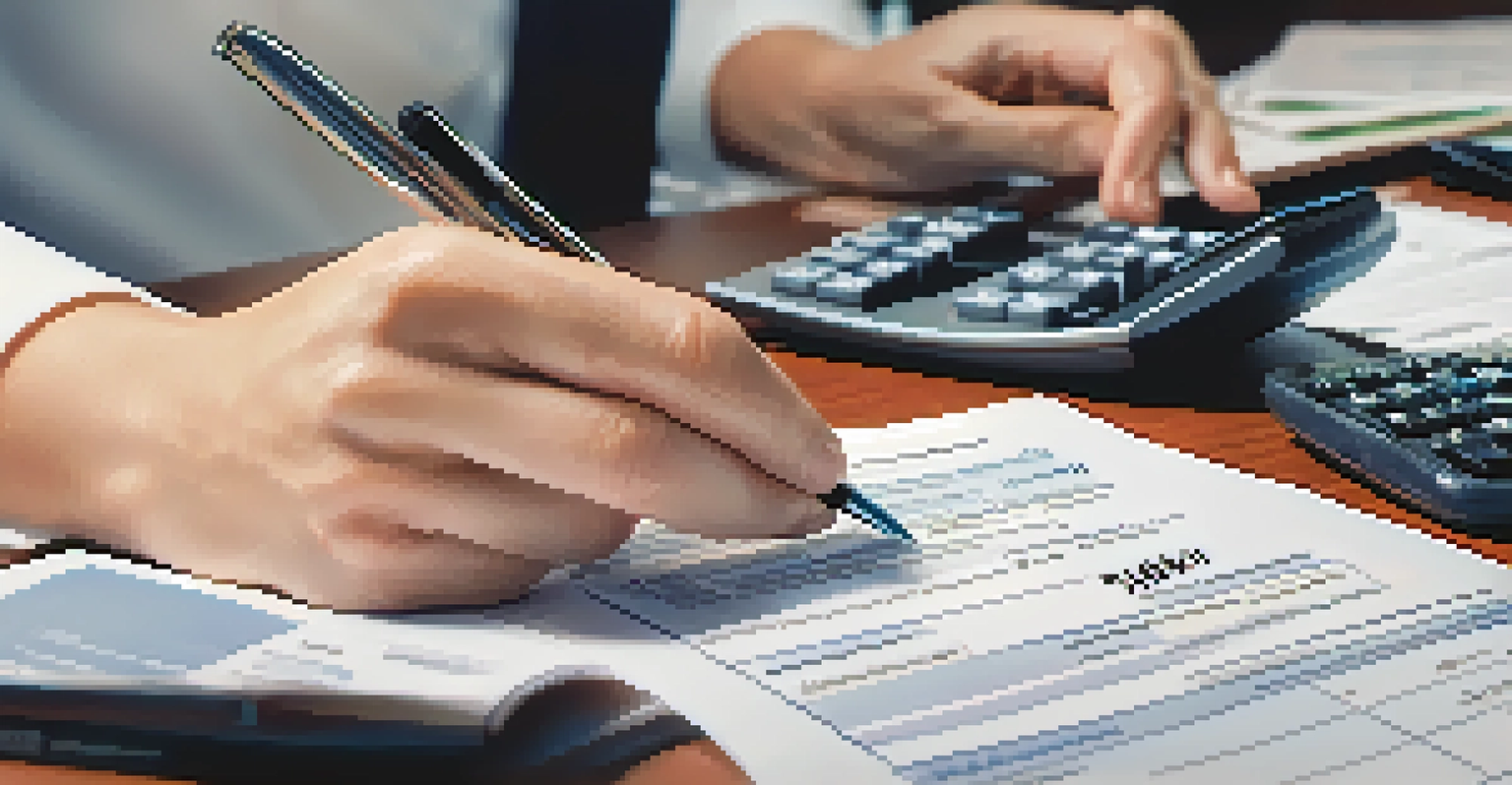 A tax professional's hands at an office desk, calculating and filling out tax forms with receipts and paperwork around.