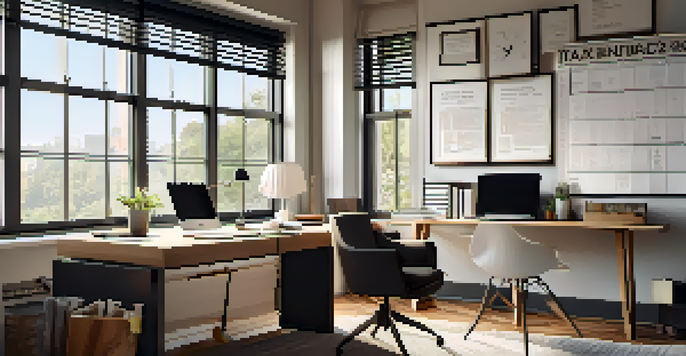 A bright home office with a desk, laptop, tax documents, and a coffee mug, illuminated by sunlight from a window.