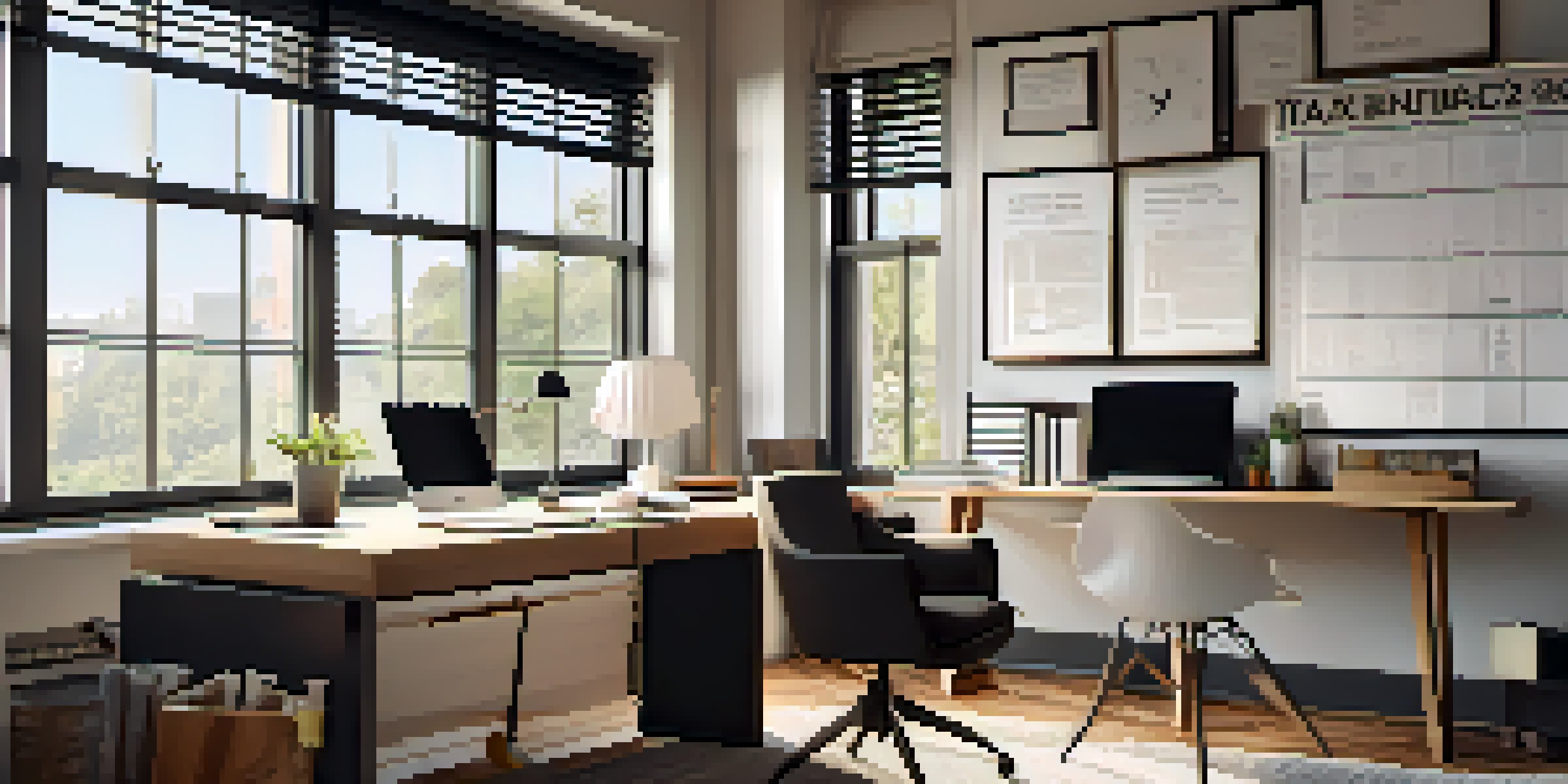 A bright home office with a desk, laptop, tax documents, and a coffee mug, illuminated by sunlight from a window.