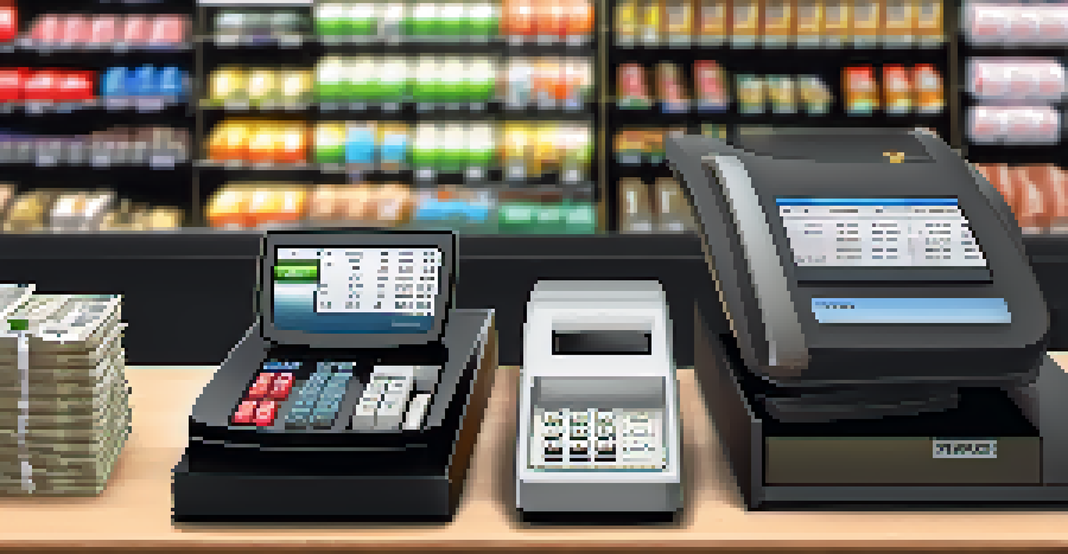 A close-up of a retail checkout counter with a cash register showing a total price that includes sales tax, with shopping bags visible in the background.