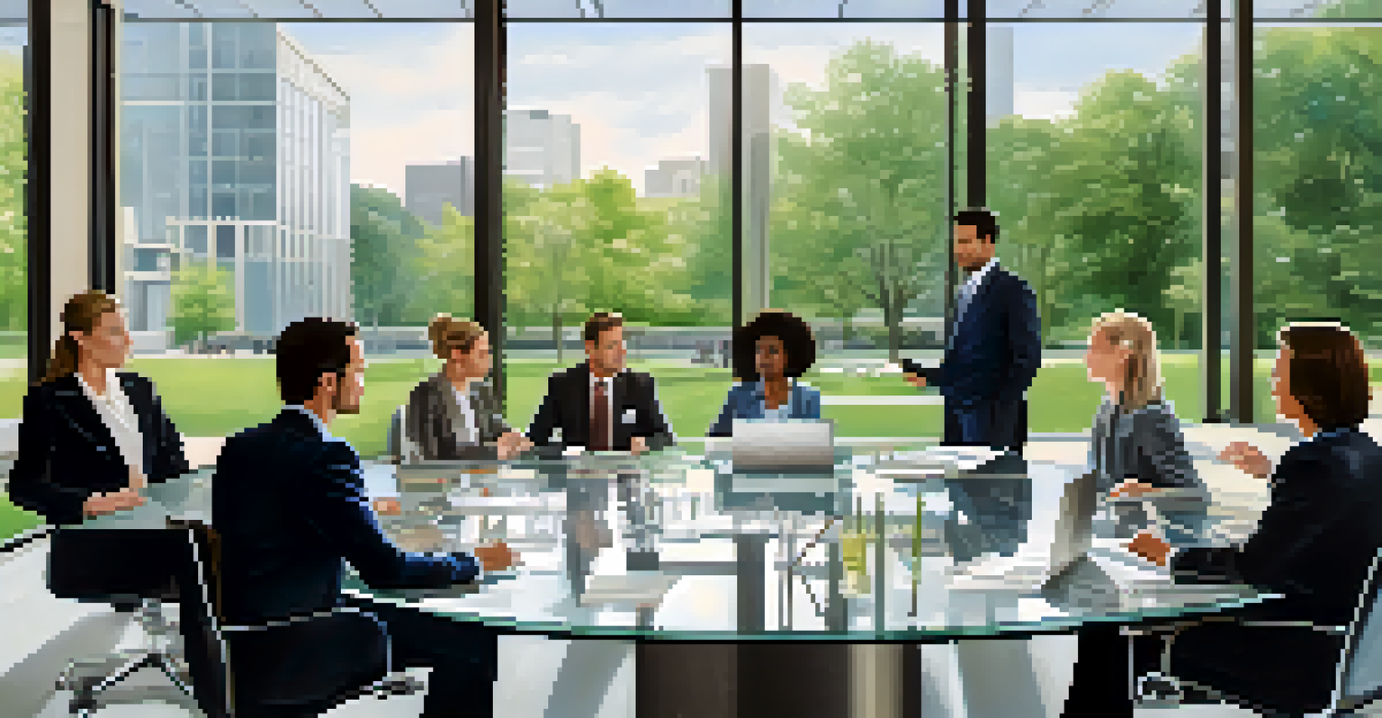 A modern office with a glass table and diverse professionals discussing, bright natural light, and a view of a park.