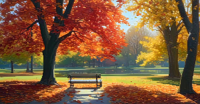 An autumn park scene with colorful trees, a wooden bench, and a pond reflecting the vibrant leaves.