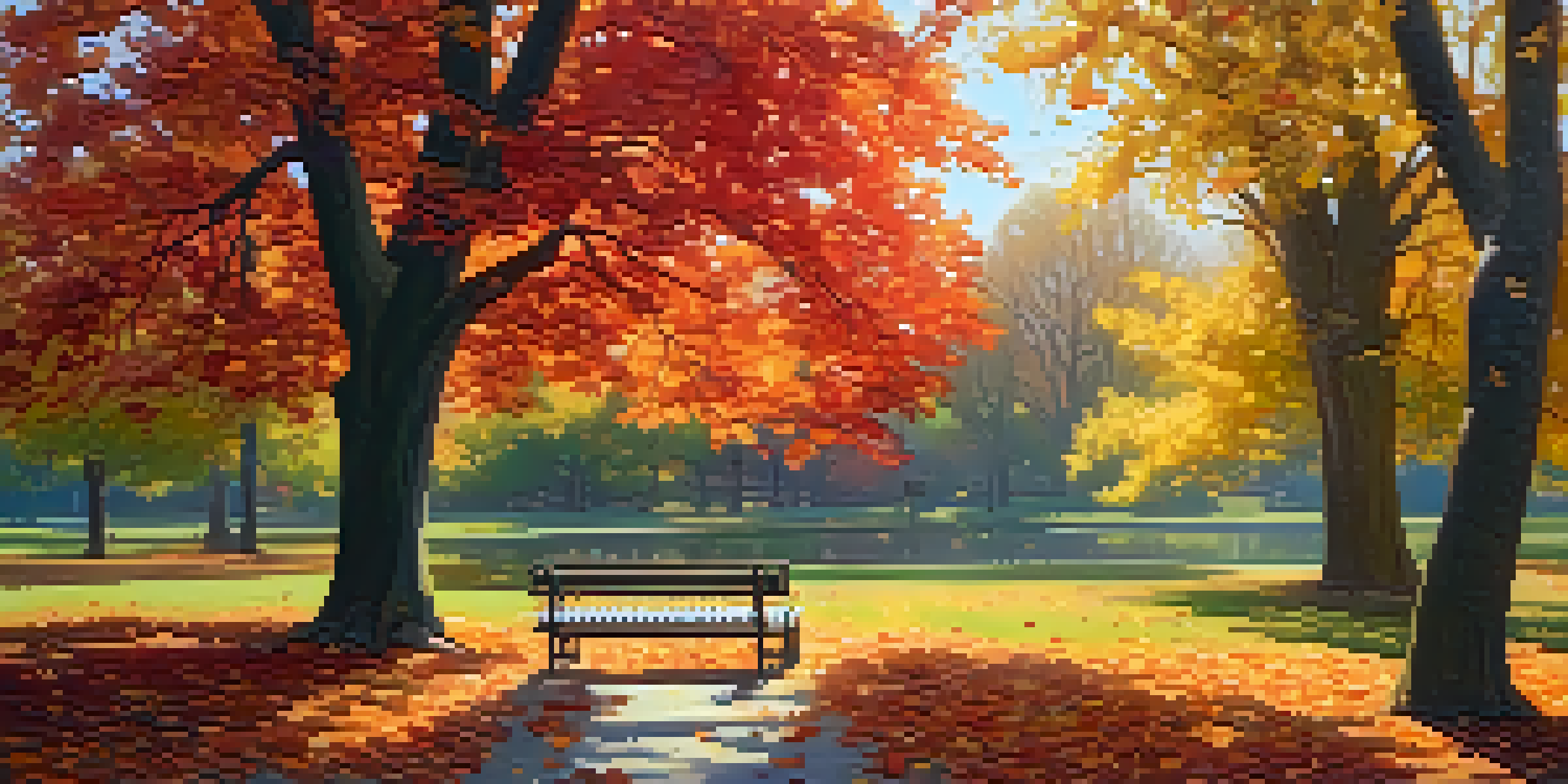 An autumn park scene with colorful trees, a wooden bench, and a pond reflecting the vibrant leaves.