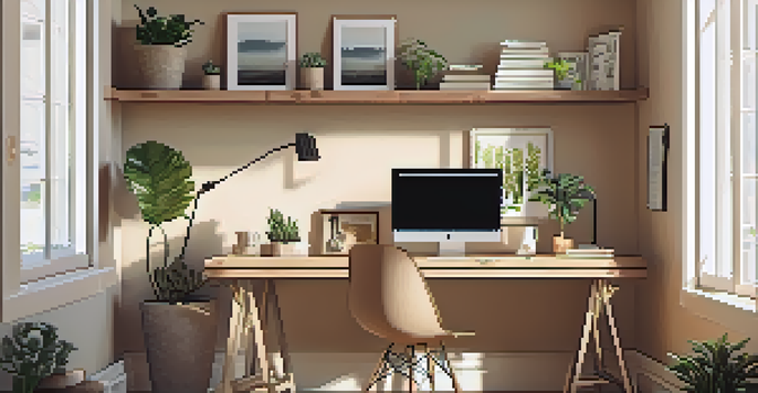 A cozy home office with a wooden desk, laptop, and houseplants, illuminated by warm natural light.